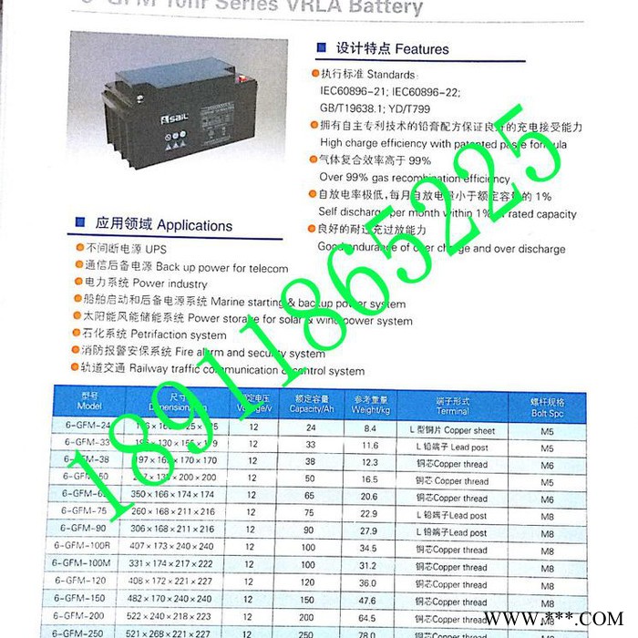 風帆工業電瓶 ，6-GFM-100 10小時率系列閥控密封蓄電池，設備專用電源，太陽能電瓶