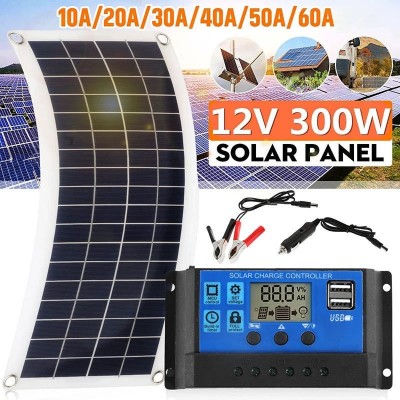 10W柔性太陽能電池板60A-10A控制器汽車RV船屋頂露營300W戶外電源